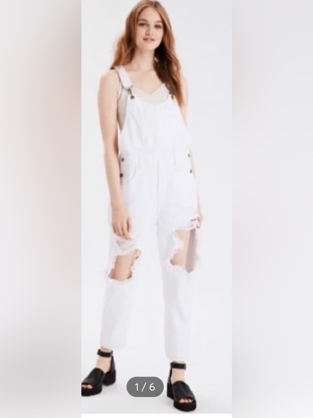 AEO Women's 90s White Distressed Boyfriend Overalls Sz L
